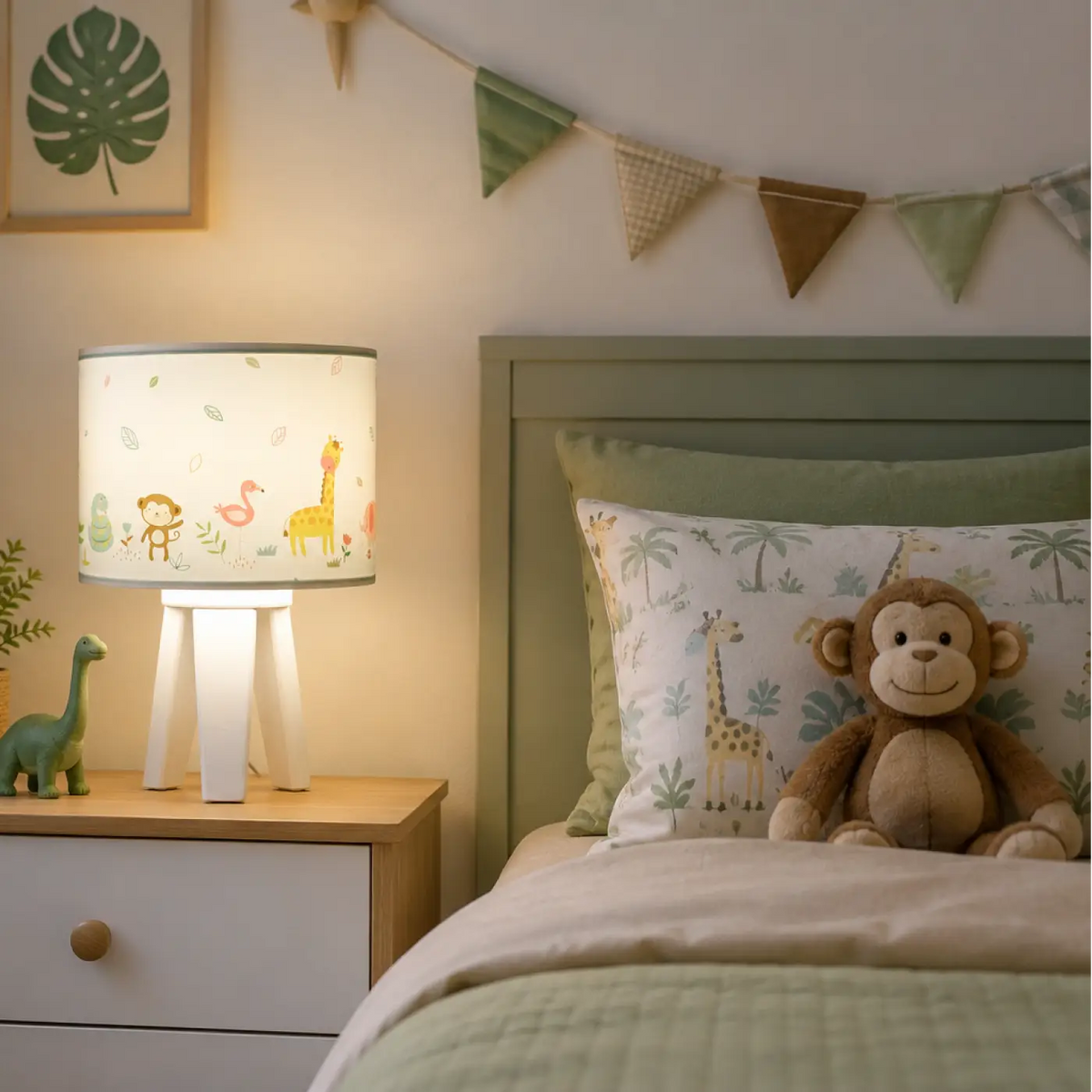 Lampe de chevet enfant en bois, animaux exotiques blanc et vert clair