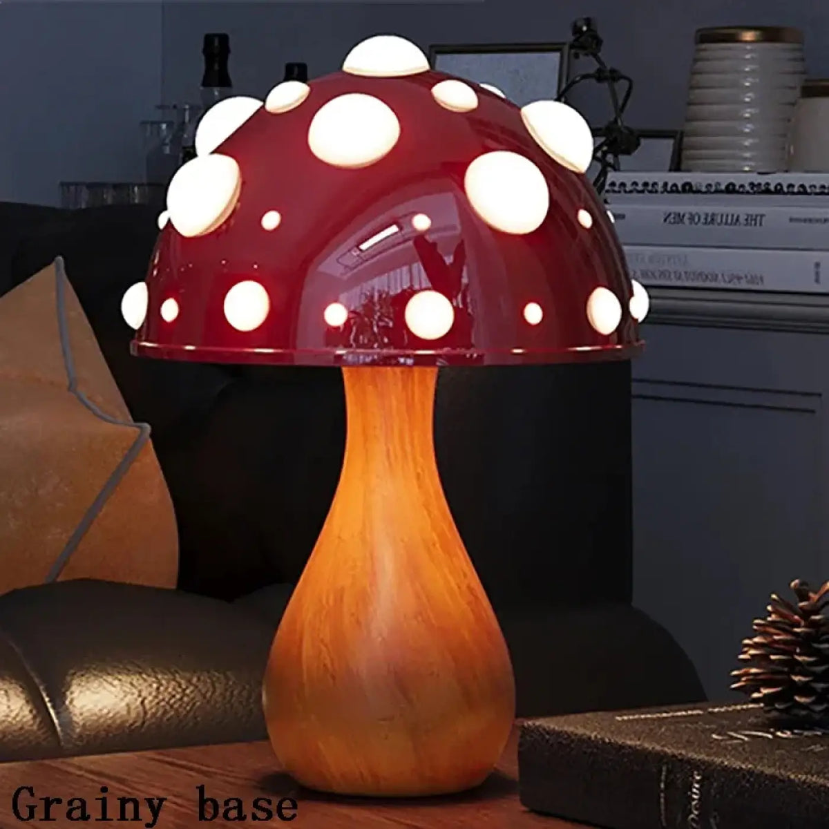Lampe champignon à pois blancs, pied en bois, abat-jour céramique, beige