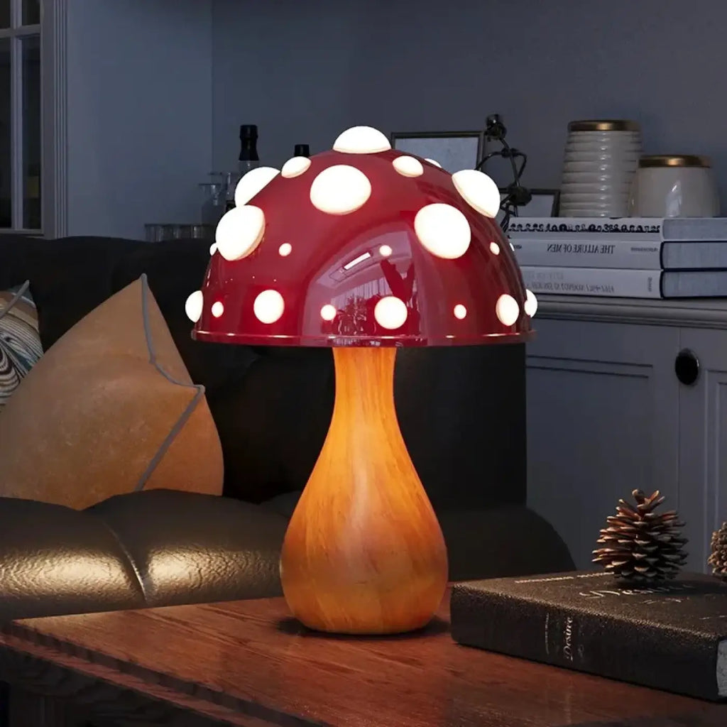 Lampe champignon à pois blancs, pied en bois, abat-jour céramique