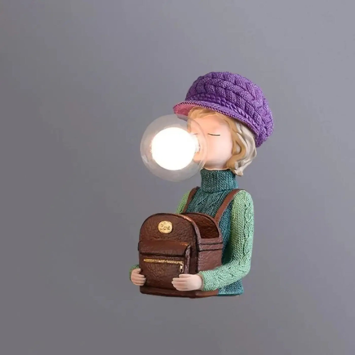Lampe de chevet personnage au bonnet lapin et globe en verre, violet