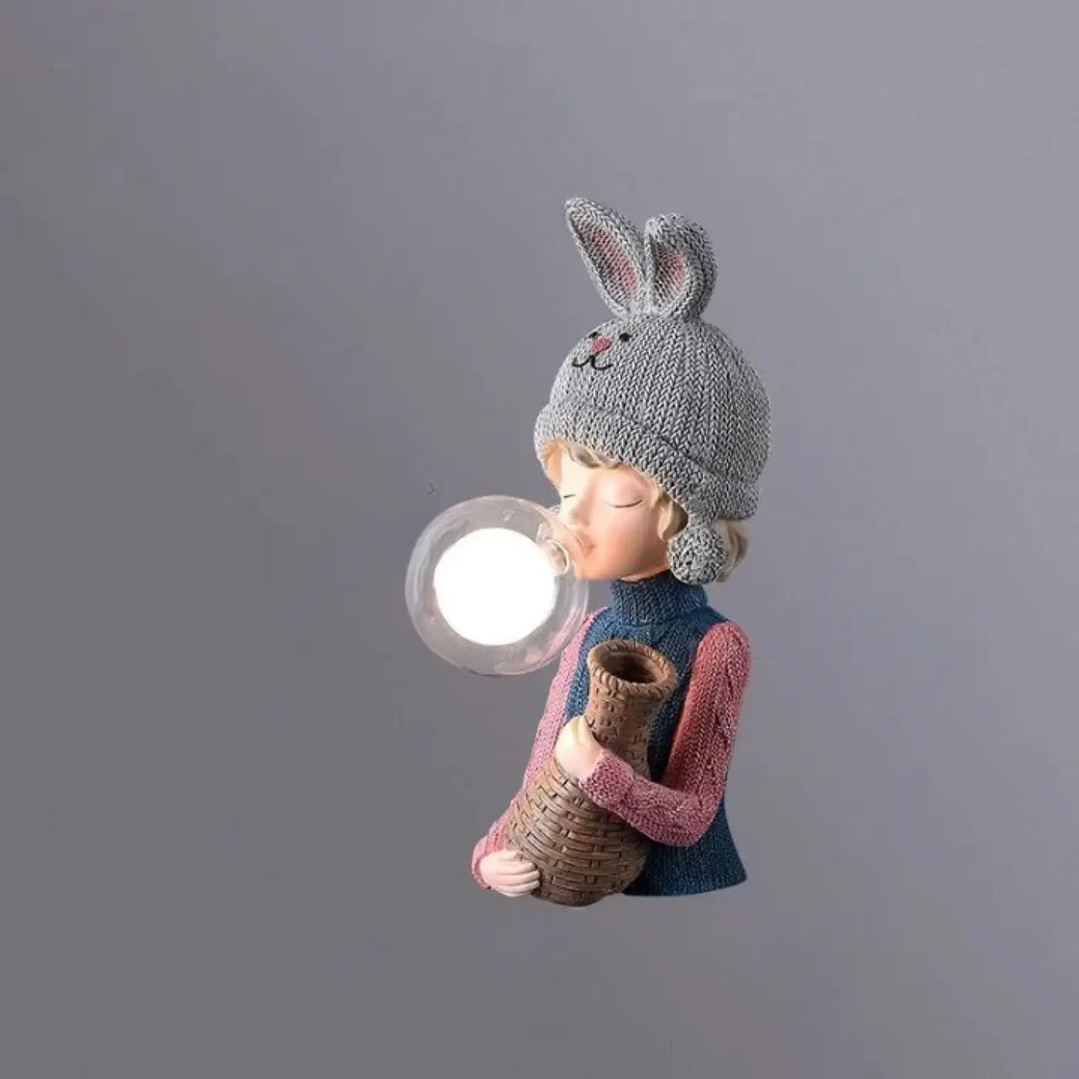 Lampe de chevet personnage au bonnet lapin et globe en verre, gris