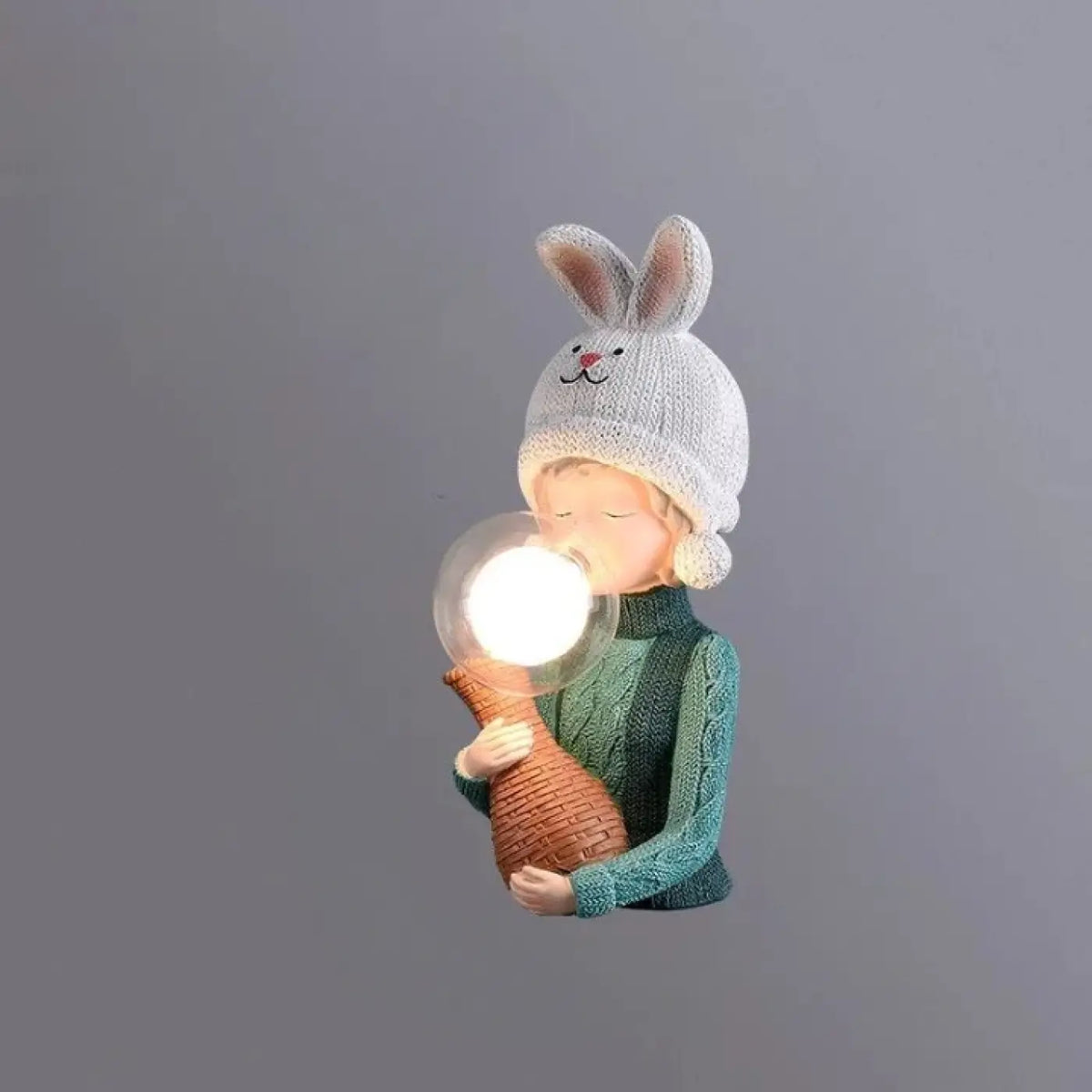Lampe de chevet personnage au bonnet lapin et globe en verre, blanc