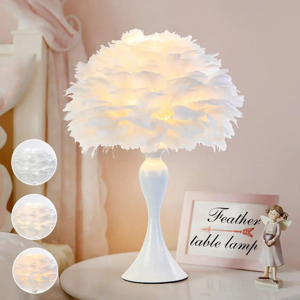Lampe de chevet à abat-jour en plumes, gris ou blanc, deux modèles