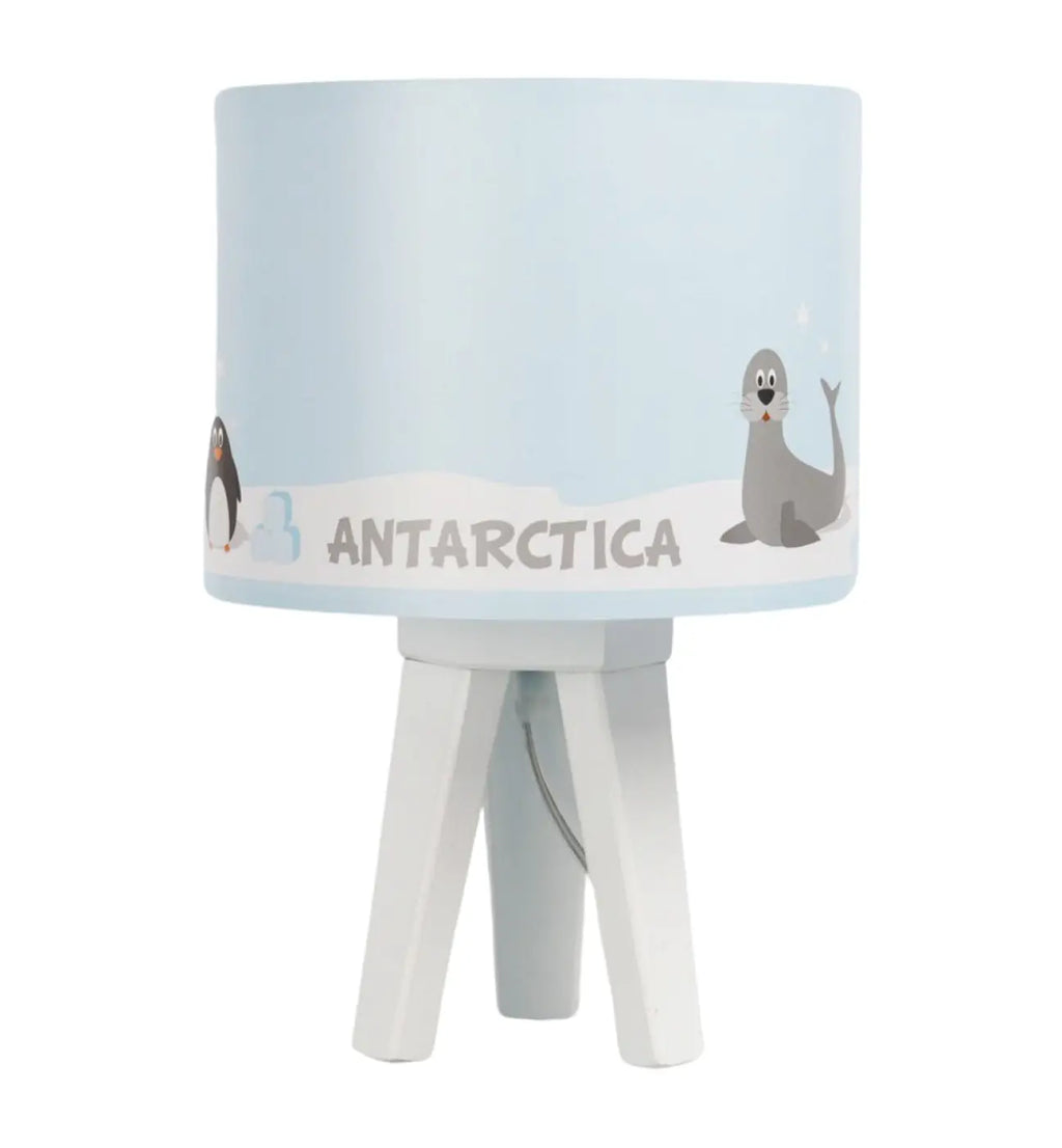 Lampe de chevet enfant en bois, pingouins sur la banquise bleu clair