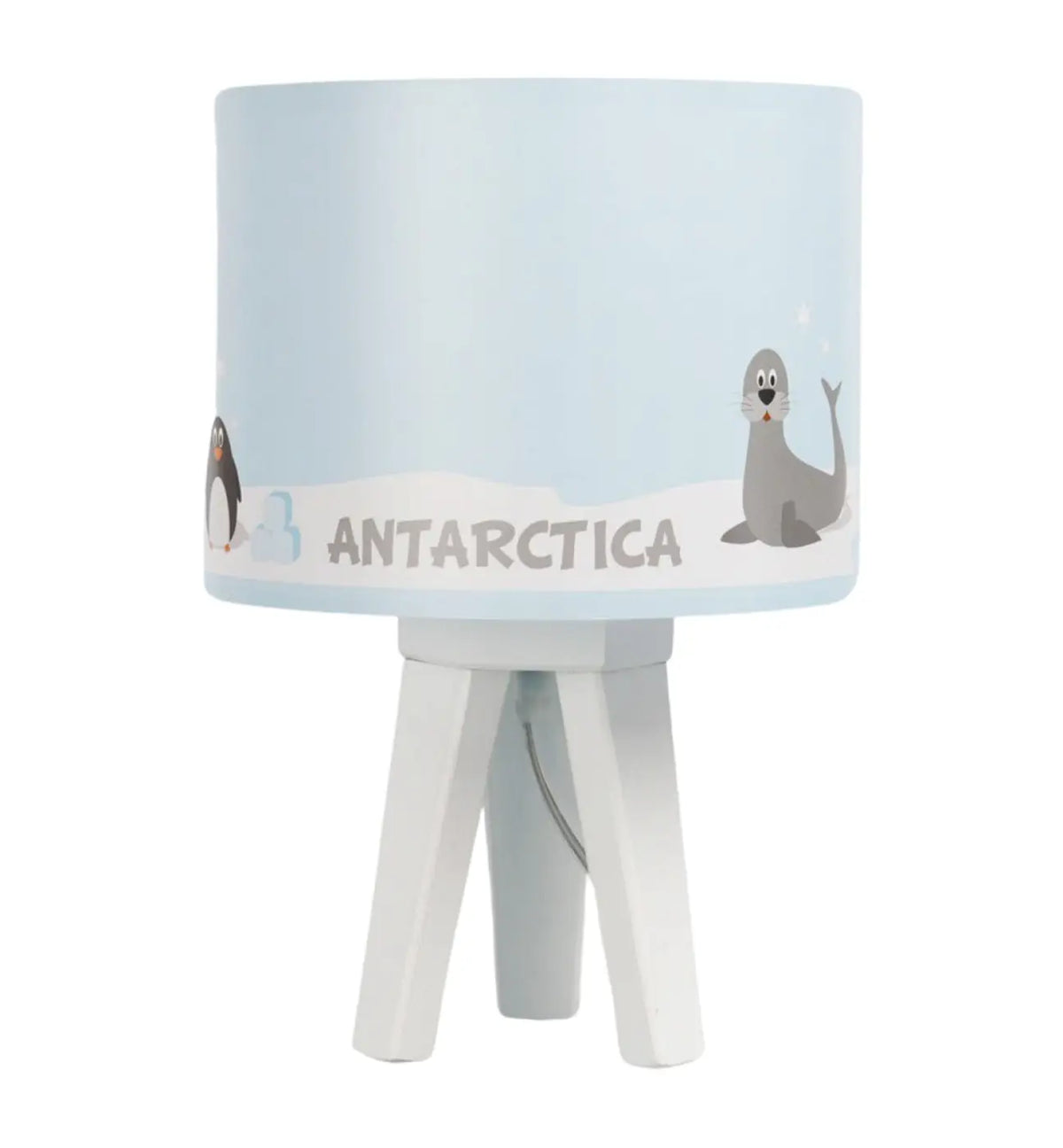 Lampe de chevet enfant en bois, pingouins sur la banquise bleu clair