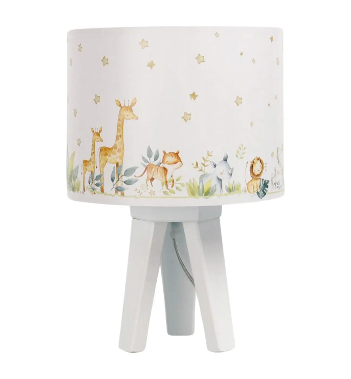 Lampe de chevet enfant à pied en bois, animaux blanc et jaune clair