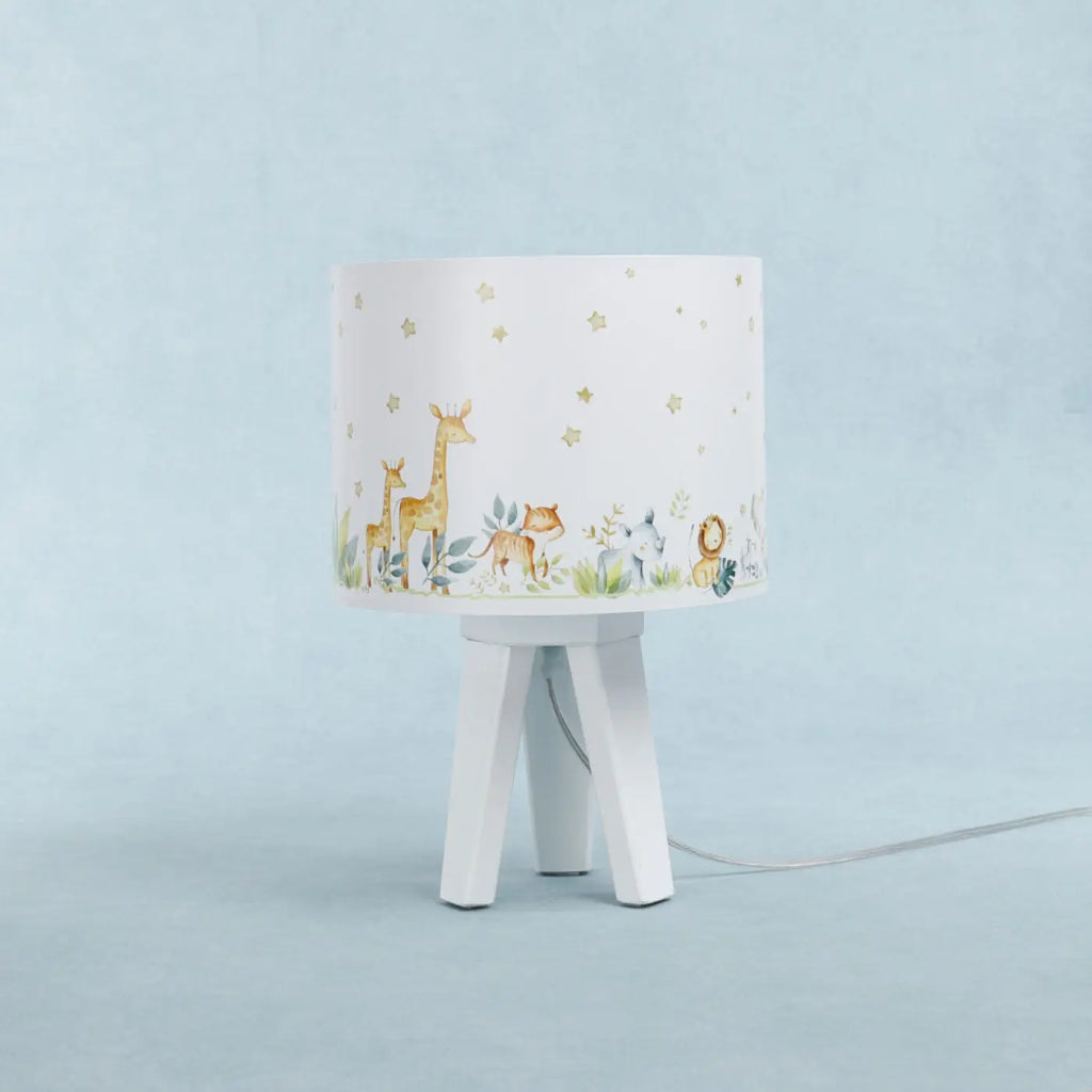 Lampe de chevet enfant à pied en bois, animaux blanc et jaune clair