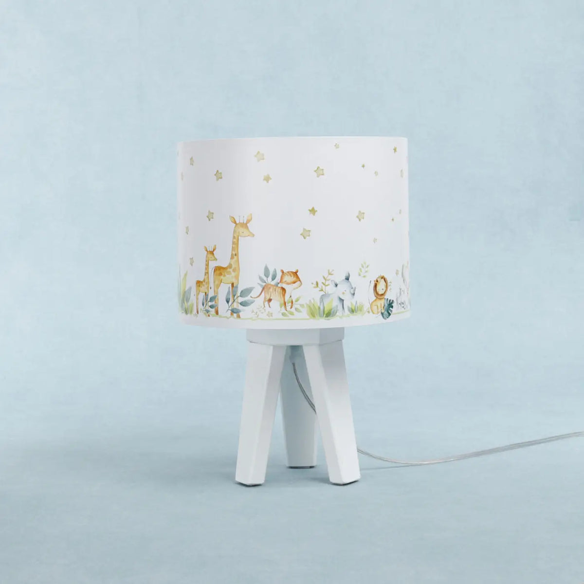 Lampe de chevet enfant à pied en bois, animaux blanc et jaune clair