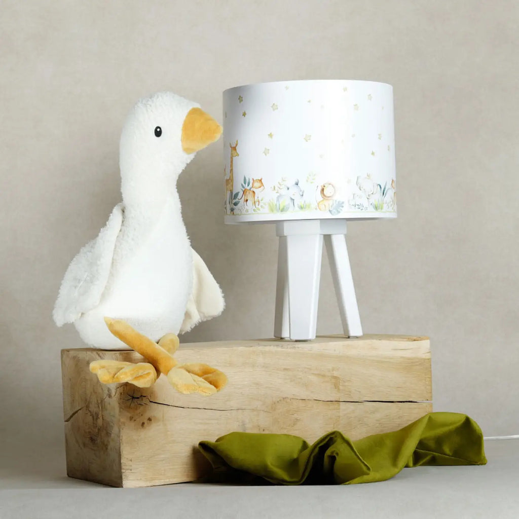 Lampe de chevet enfant à pied en bois, animaux blanc et jaune clair