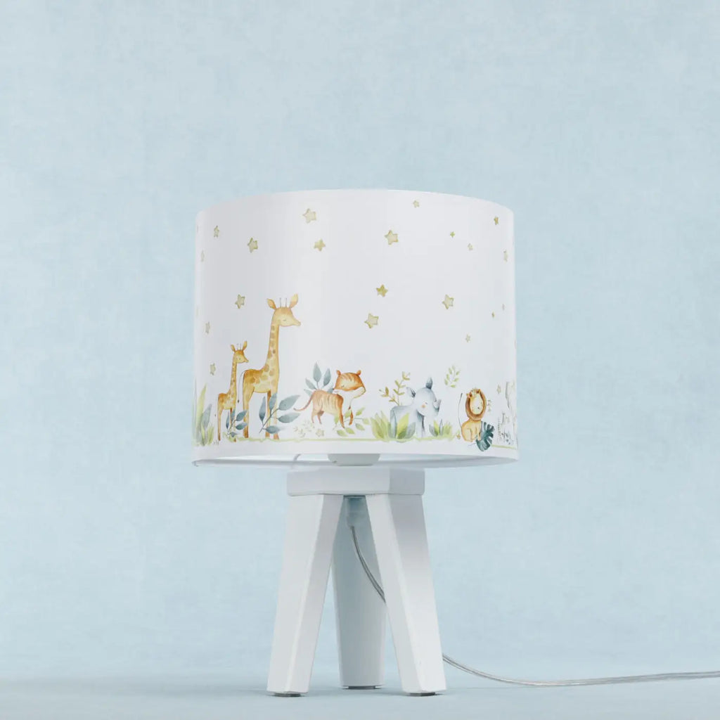 Lampe de chevet enfant à pied en bois, animaux blanc et jaune clair