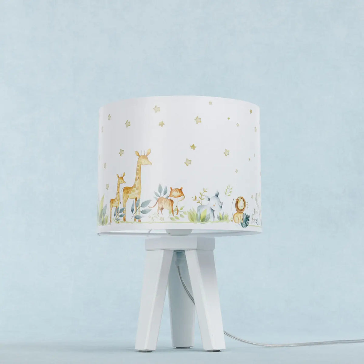Lampe de chevet enfant à pied en bois, animaux blanc et jaune clair