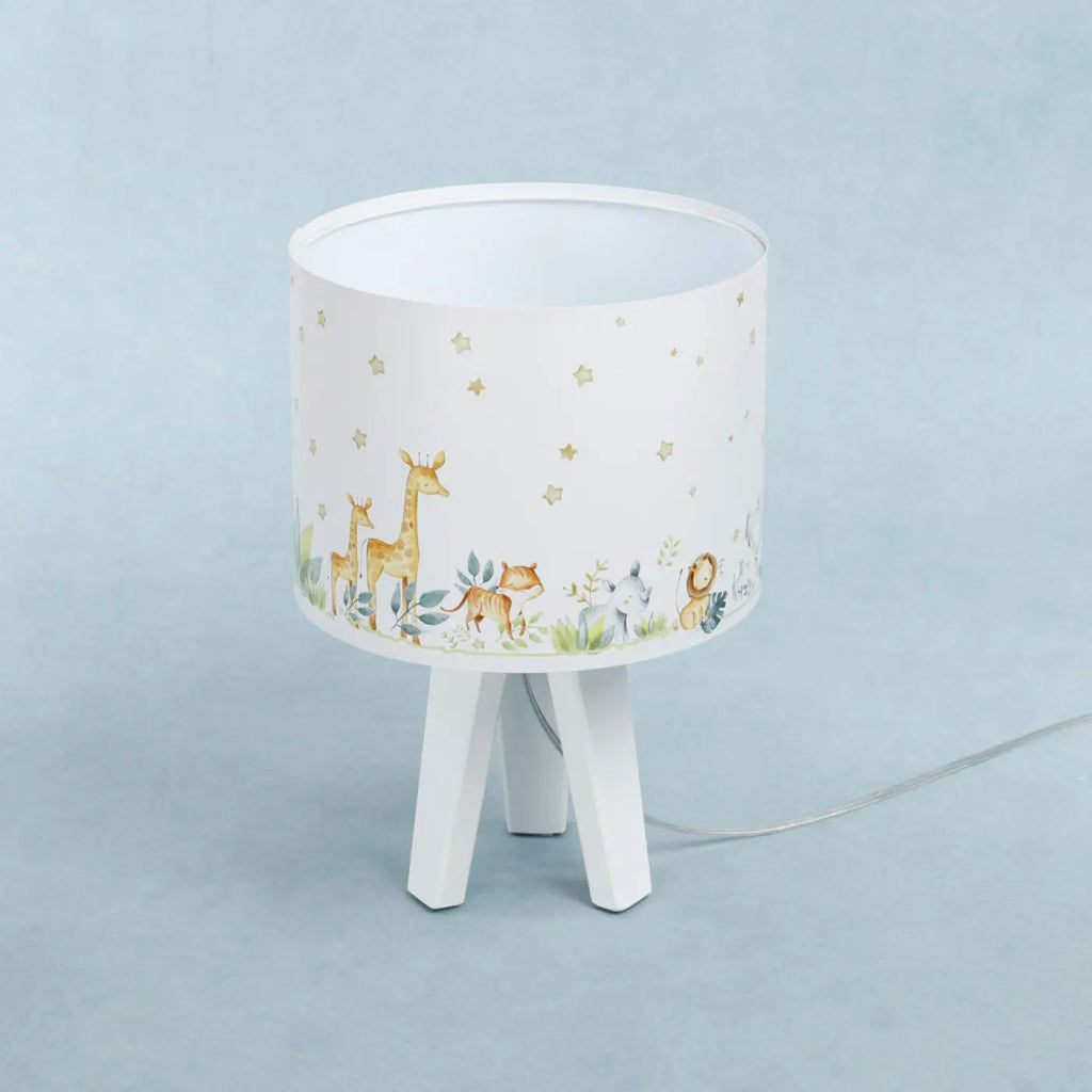 Lampe de chevet enfant à pied en bois, animaux blanc et jaune clair