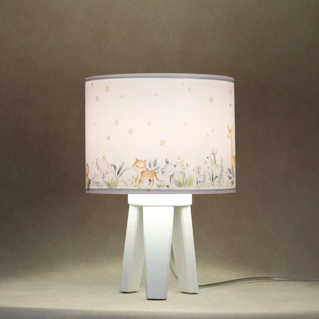 Lampe de chevet enfant à pied en bois, animaux blanc et jaune clair