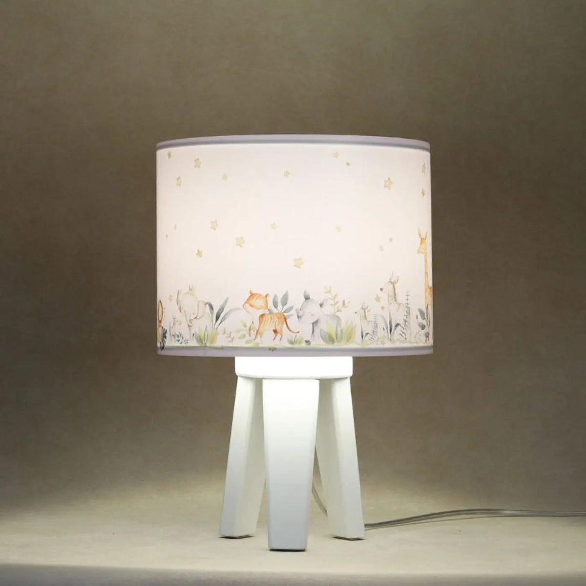 Lampe de chevet enfant à pied en bois, animaux blanc et jaune clair