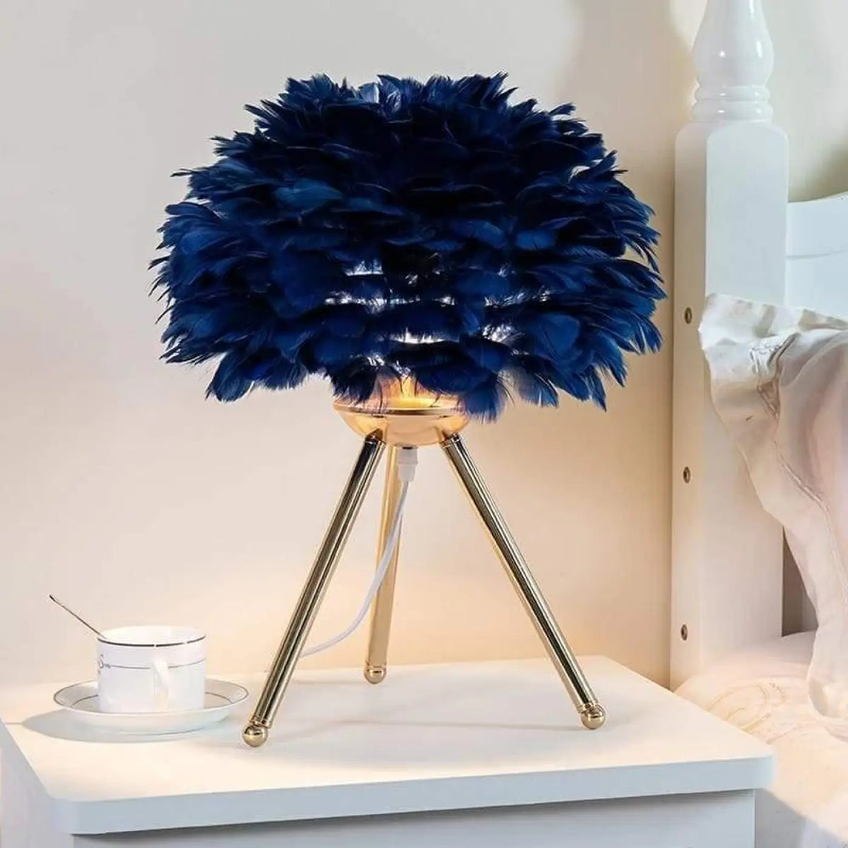 Lampe de chevet à plumes, blanche, rose, grise ou bleue, bleu