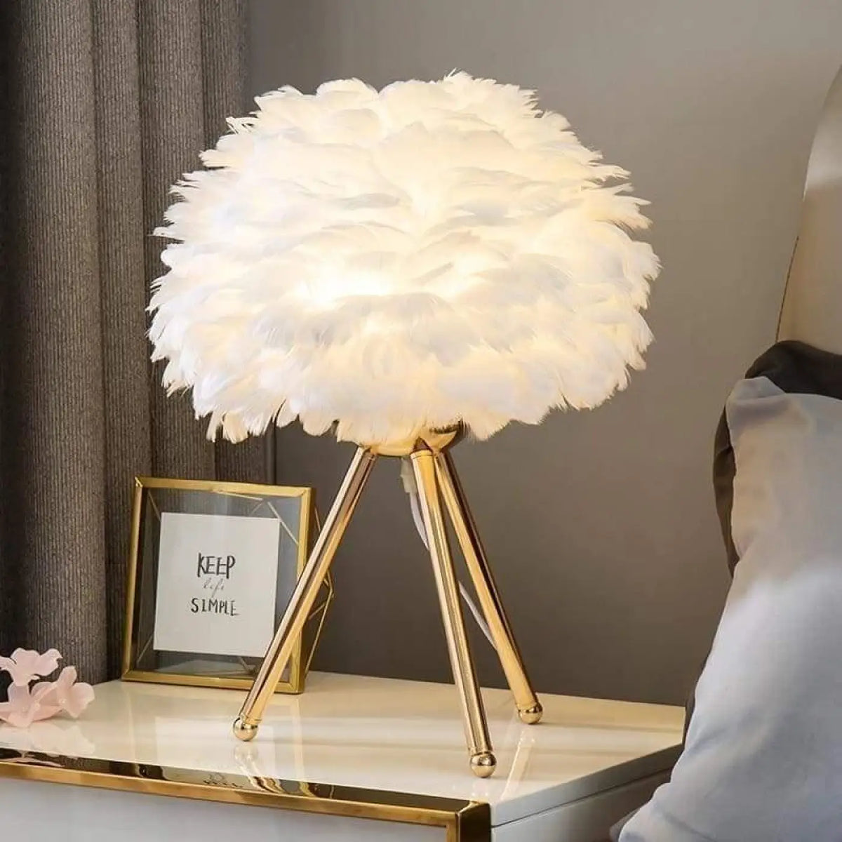 Lampe de chevet à plumes, blanche, rose, grise ou bleue, blanc