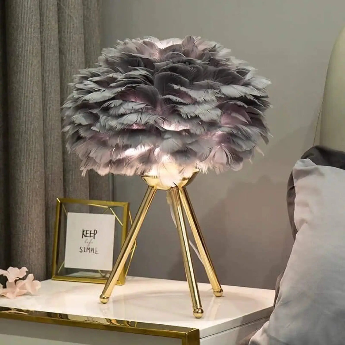 Lampe de chevet à plumes, blanche, rose, grise ou bleue, gris