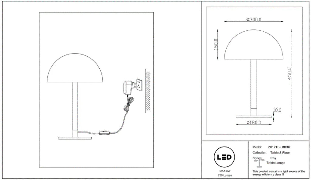 Lampe de chevet LED à tube lumineux courbé et disque noir, 45 cm