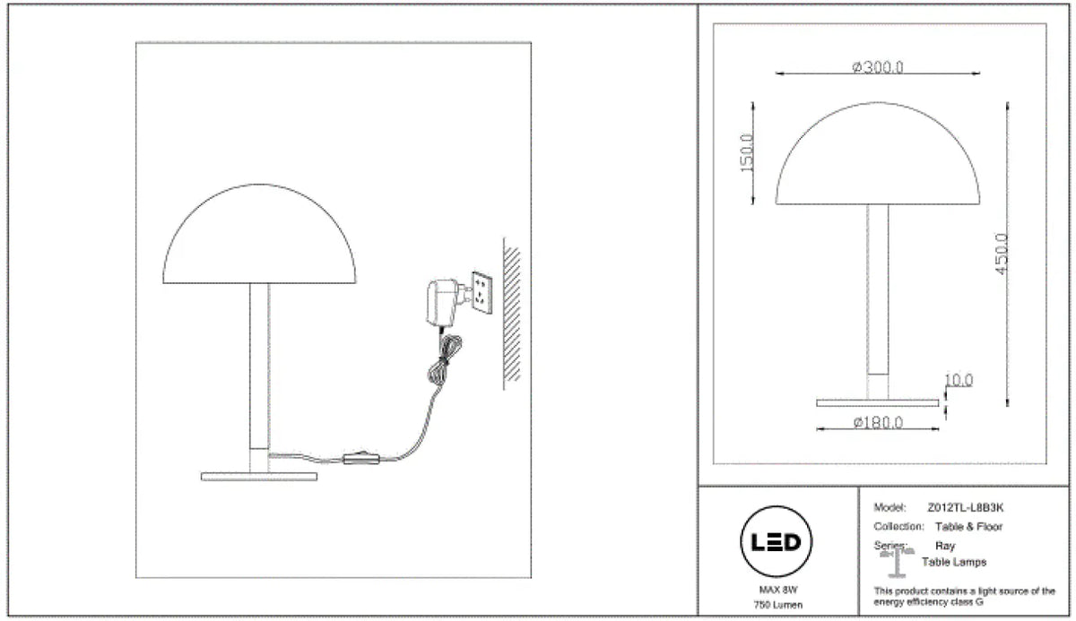 Lampe de chevet LED à tube lumineux courbé et disque noir, 45 cm