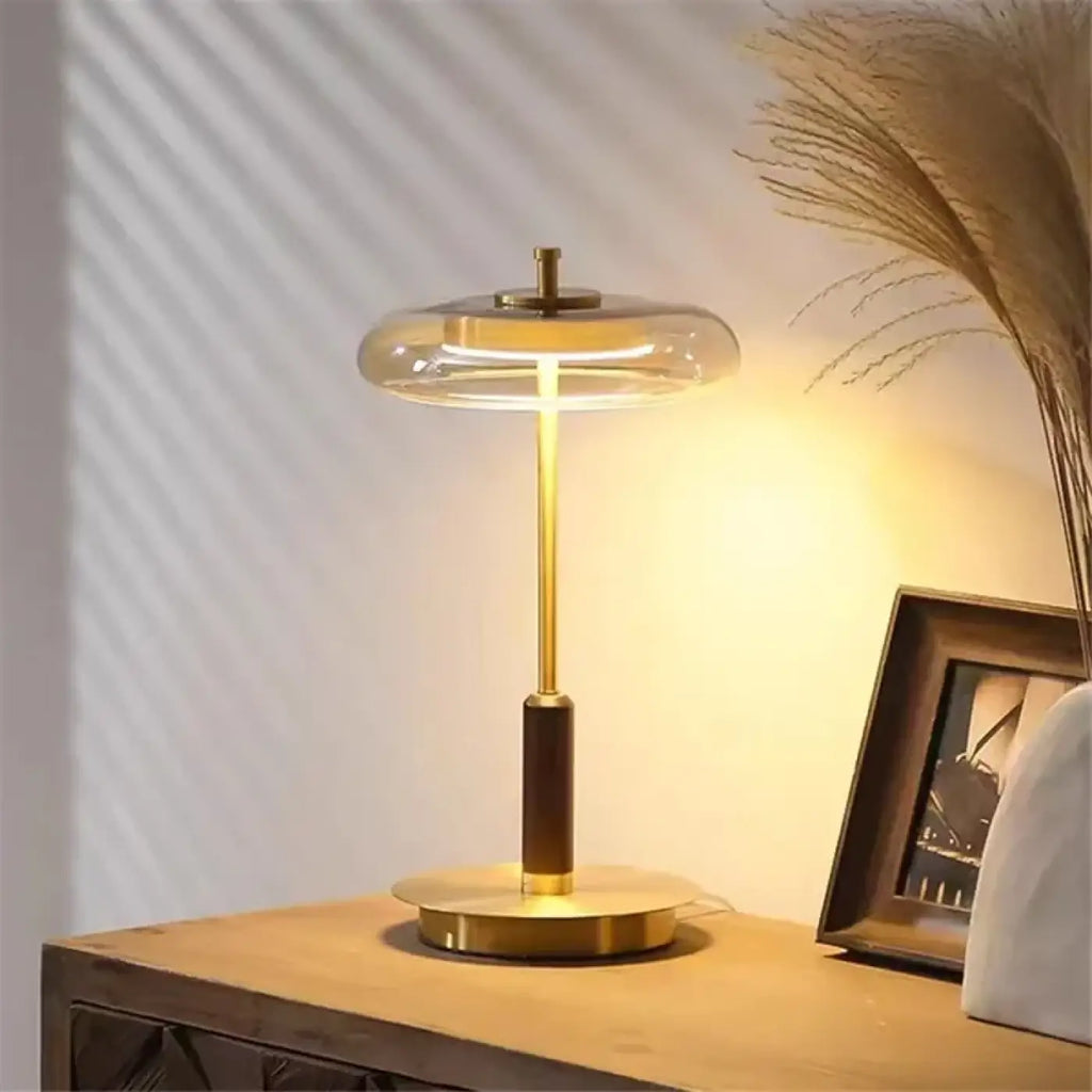 Lampe de chevet nordique en bois, verre et métal