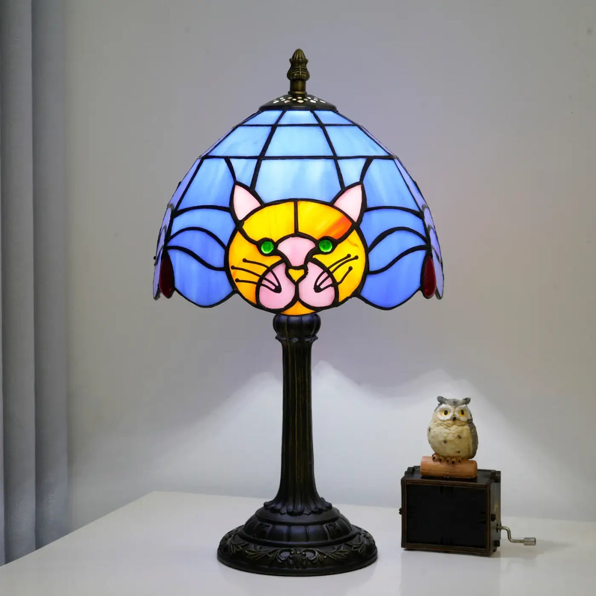 Lampe de chevet en verre coloré à motif de chat, trois coloris, bleu
