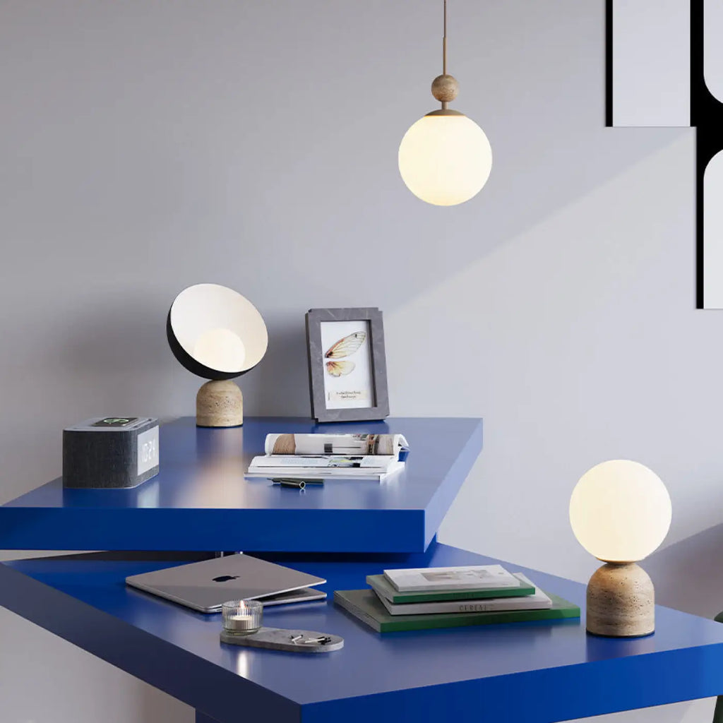 Lampe de chevet pierre et acier noir, 33 cm de haut