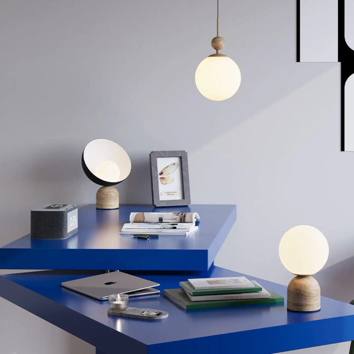 Lampe de chevet pierre et acier noir, 33 cm de haut