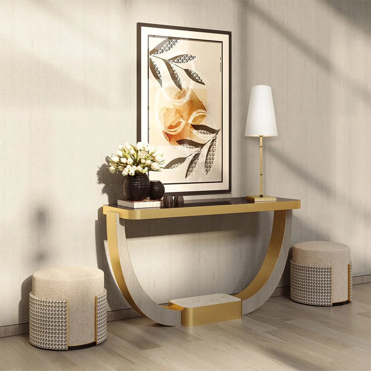 Lampe de chevet à pied doré et abat-jour en tissu clair, 60 cm