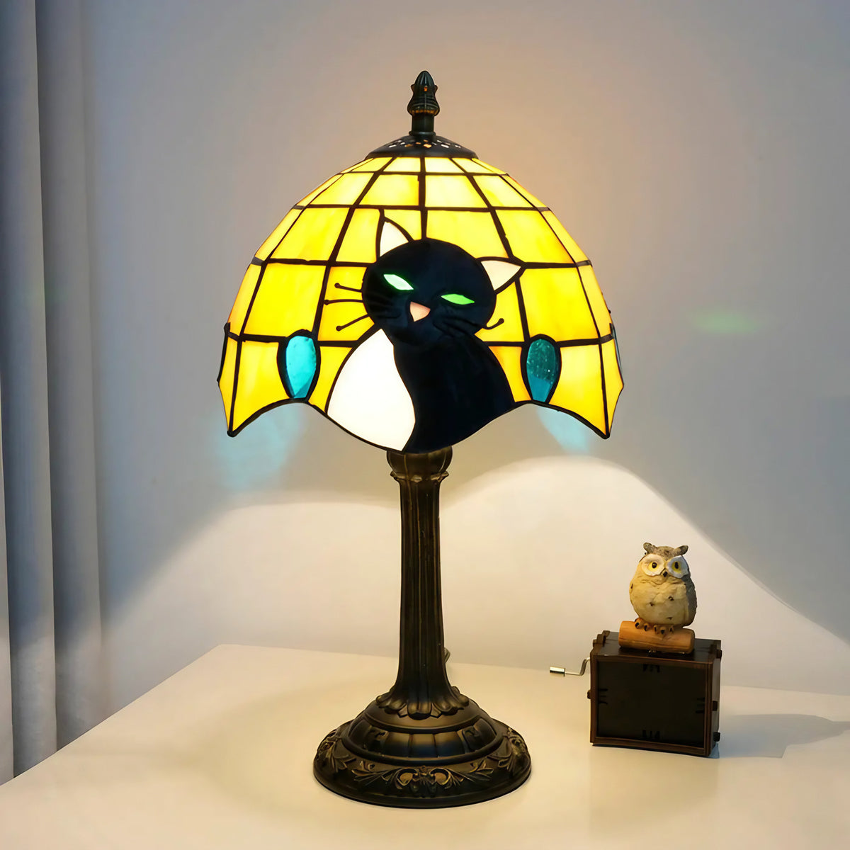 Lampe de chevet en verre coloré à motif de chat, trois coloris, jaune