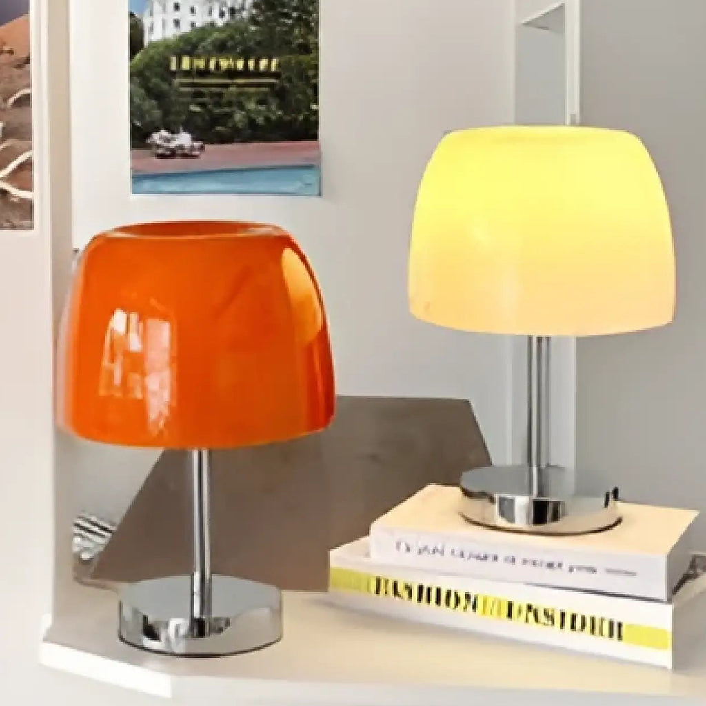 Lampe de chevet en verre opalin et métal, blanc, kaki ou orange