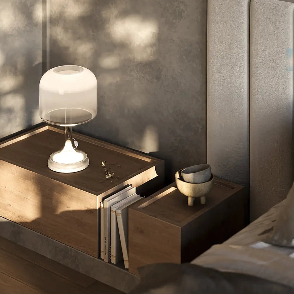 Lampe de chevet LED globe en verre sur socle, gris, blanc ou doré