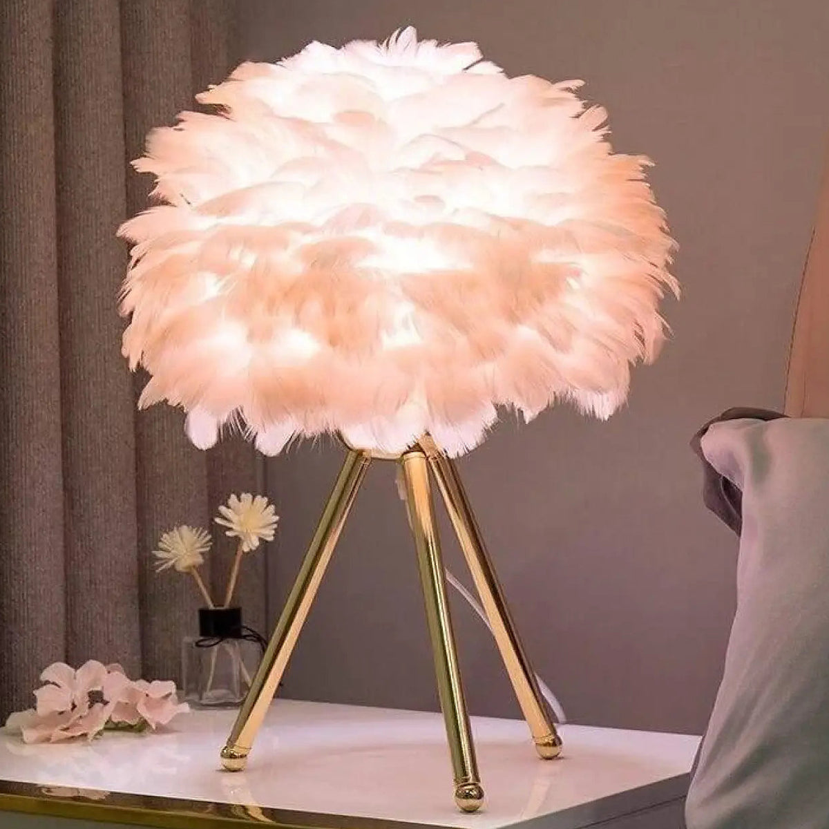Lampe de chevet à plumes, blanche, rose, grise ou bleue, rose