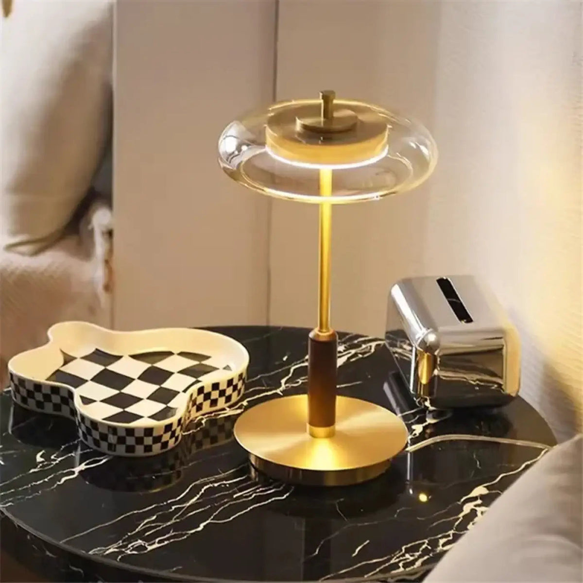 Lampe de chevet nordique en bois, verre et métal