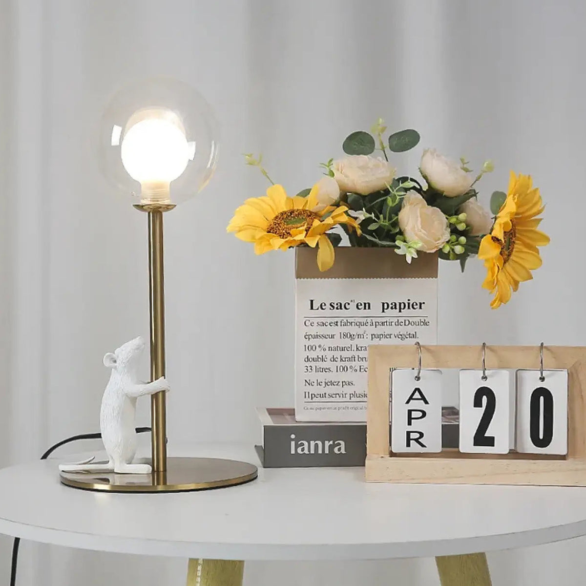 Lampe souris avec globe en verre, blanc ou doré