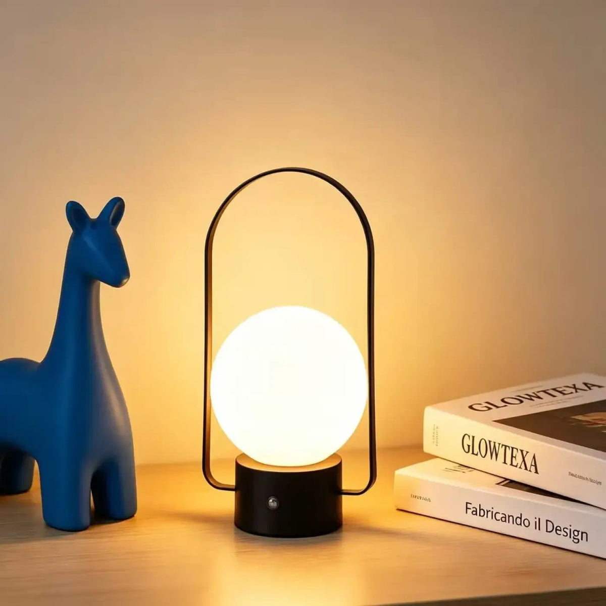 Lampe à poser sphère lumineuse sous arche métallique