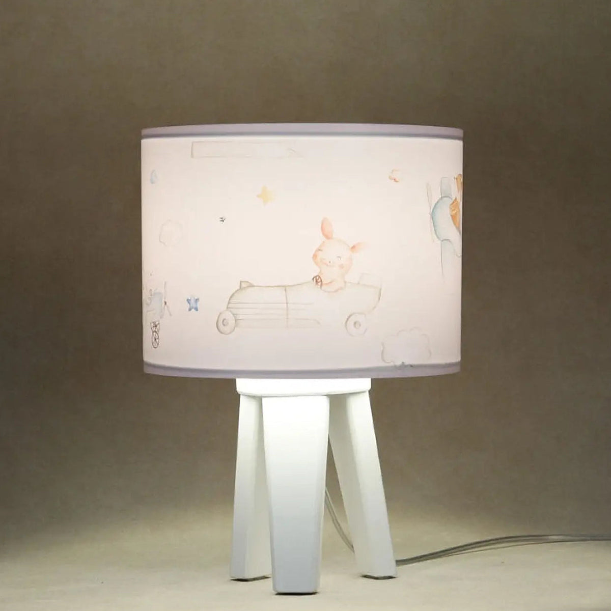 Lampe de chevet enfant en bois, dessin de conte blanc et bleu pastel