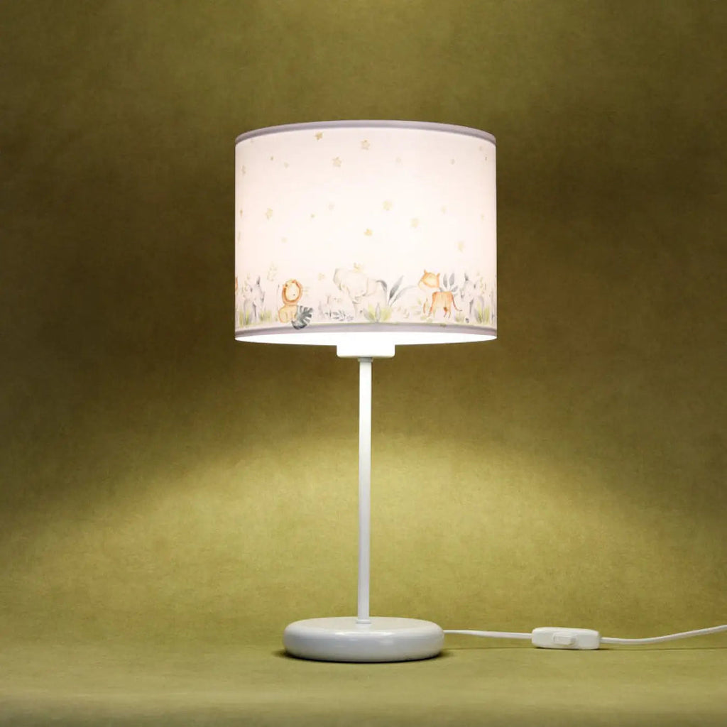 Lampe de chevet enfant blanche et jaune, savane et étoiles