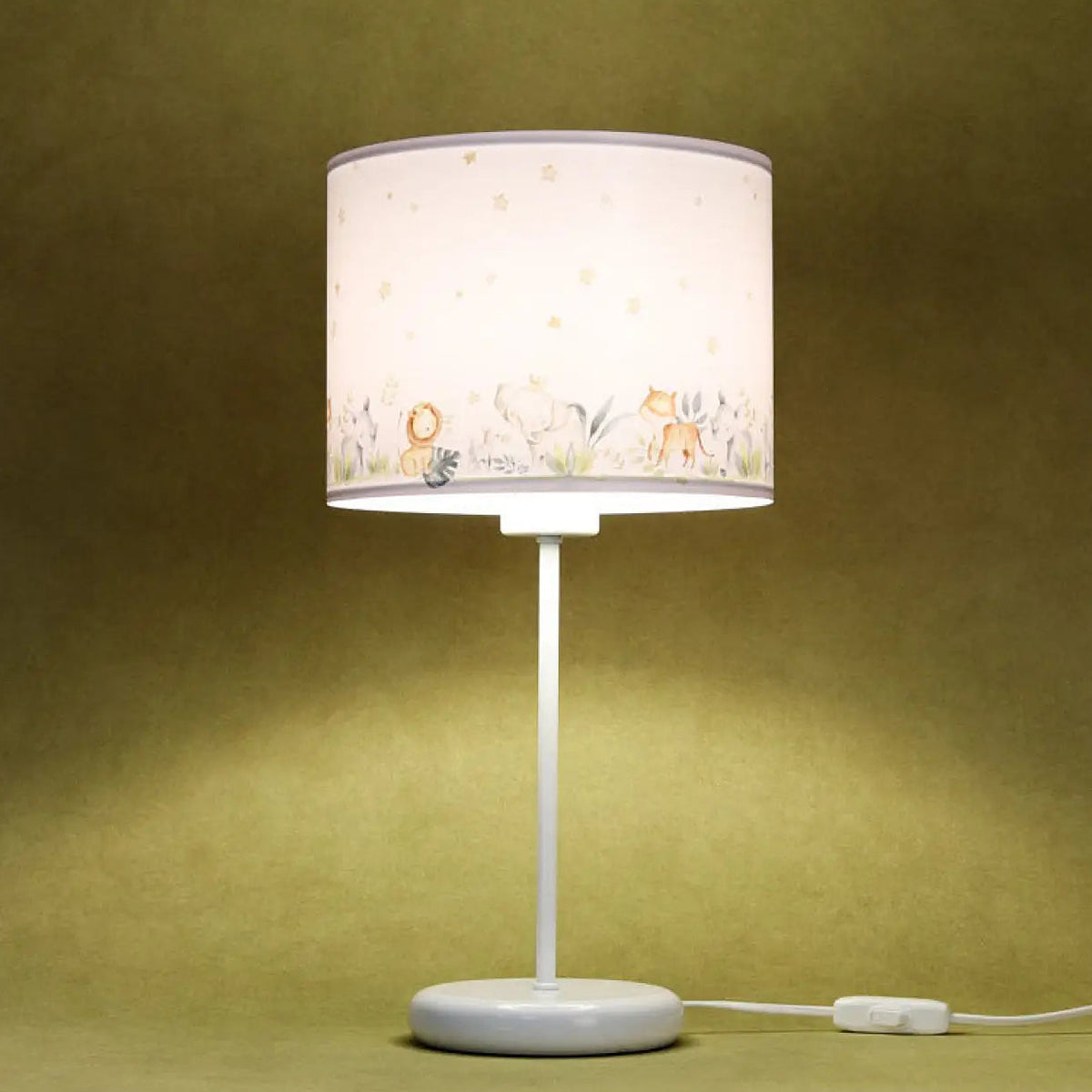 Lampe de chevet enfant blanche et jaune, savane et étoiles
