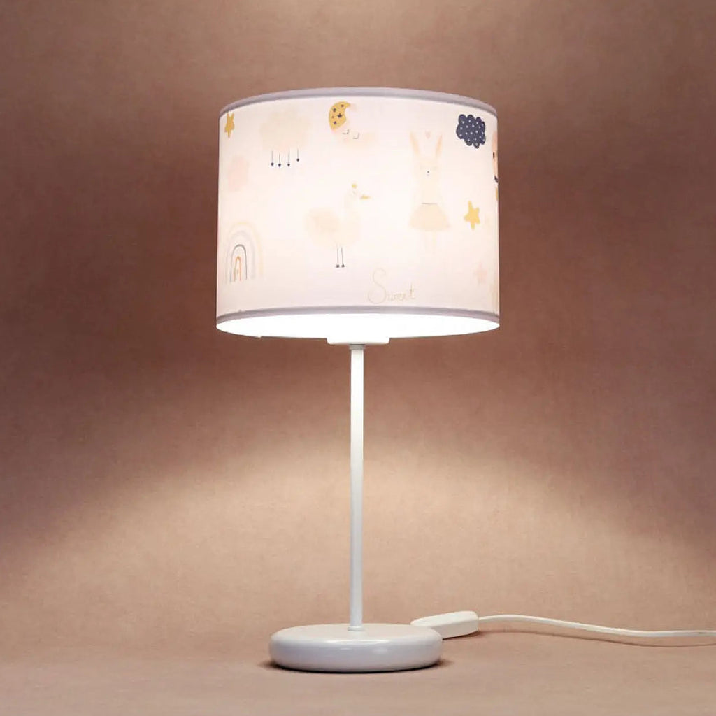 Lampe de chevet enfant au lapin et au cygne, blanc et orange