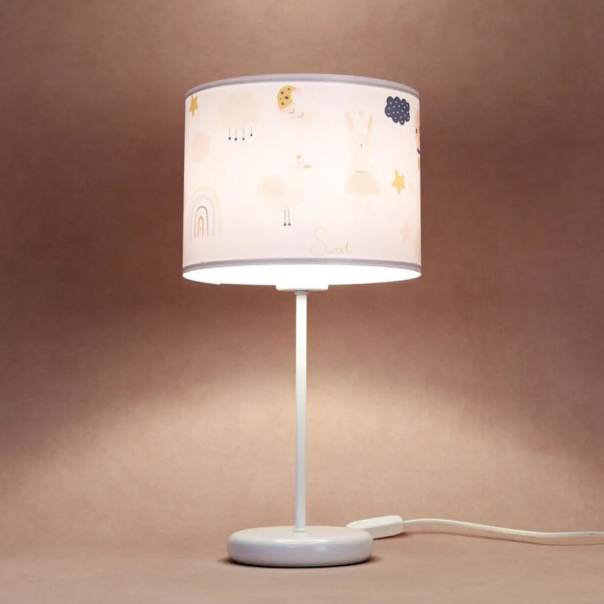 Lampe de chevet enfant au lapin et au cygne, blanc et orange