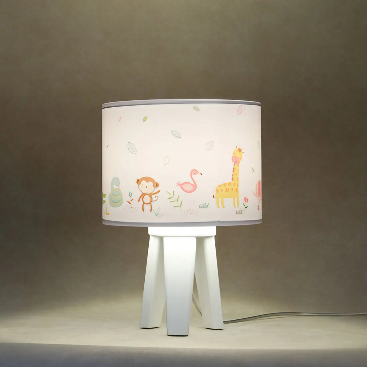 Lampe de chevet enfant en bois, animaux exotiques blanc et vert clair