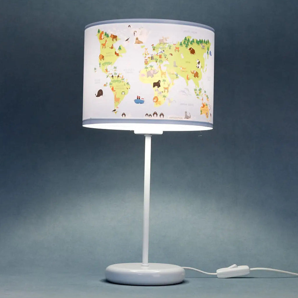 Lampe de chevet enfant carte du monde et animaux, 44 cm