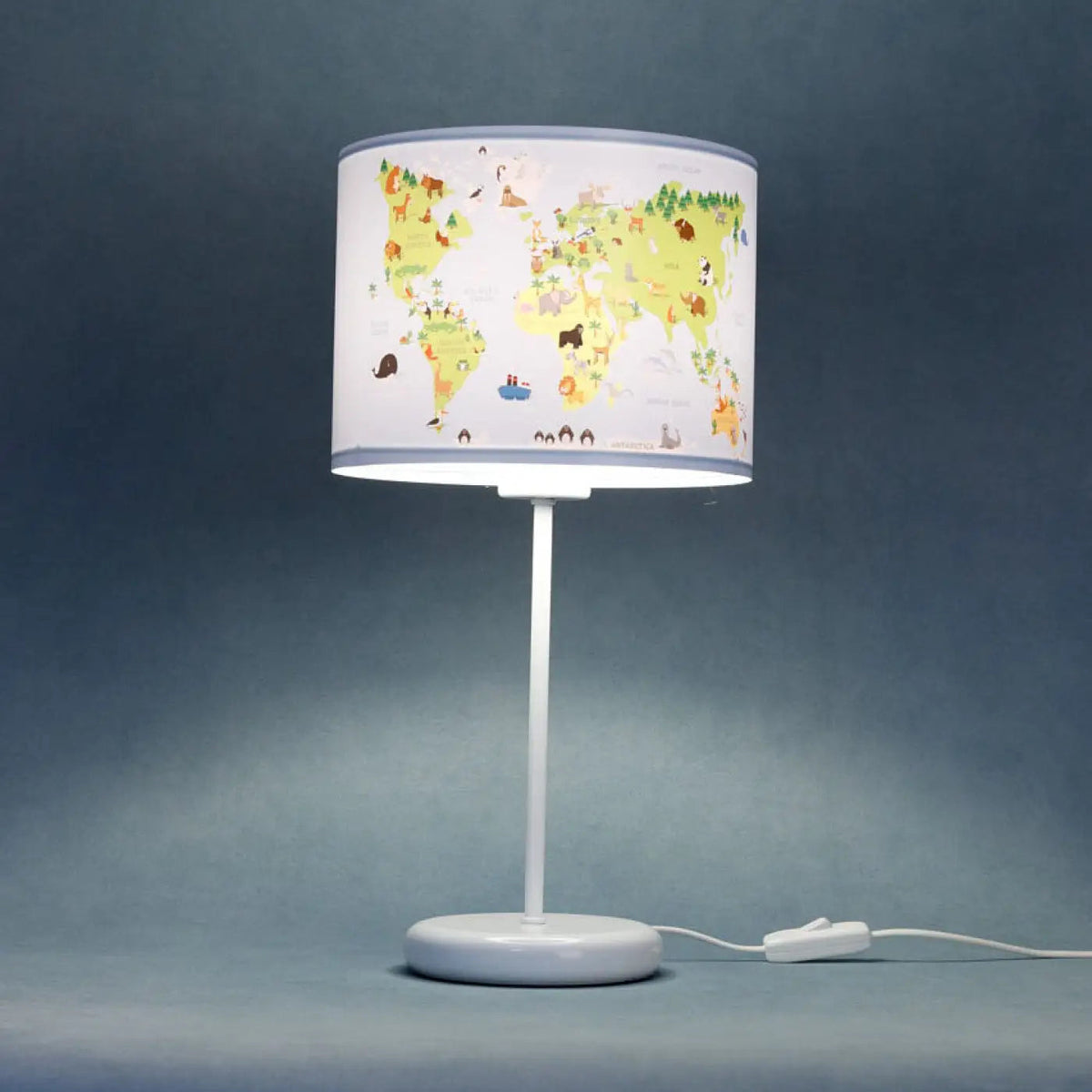 Lampe de chevet enfant carte du monde et animaux, 44 cm