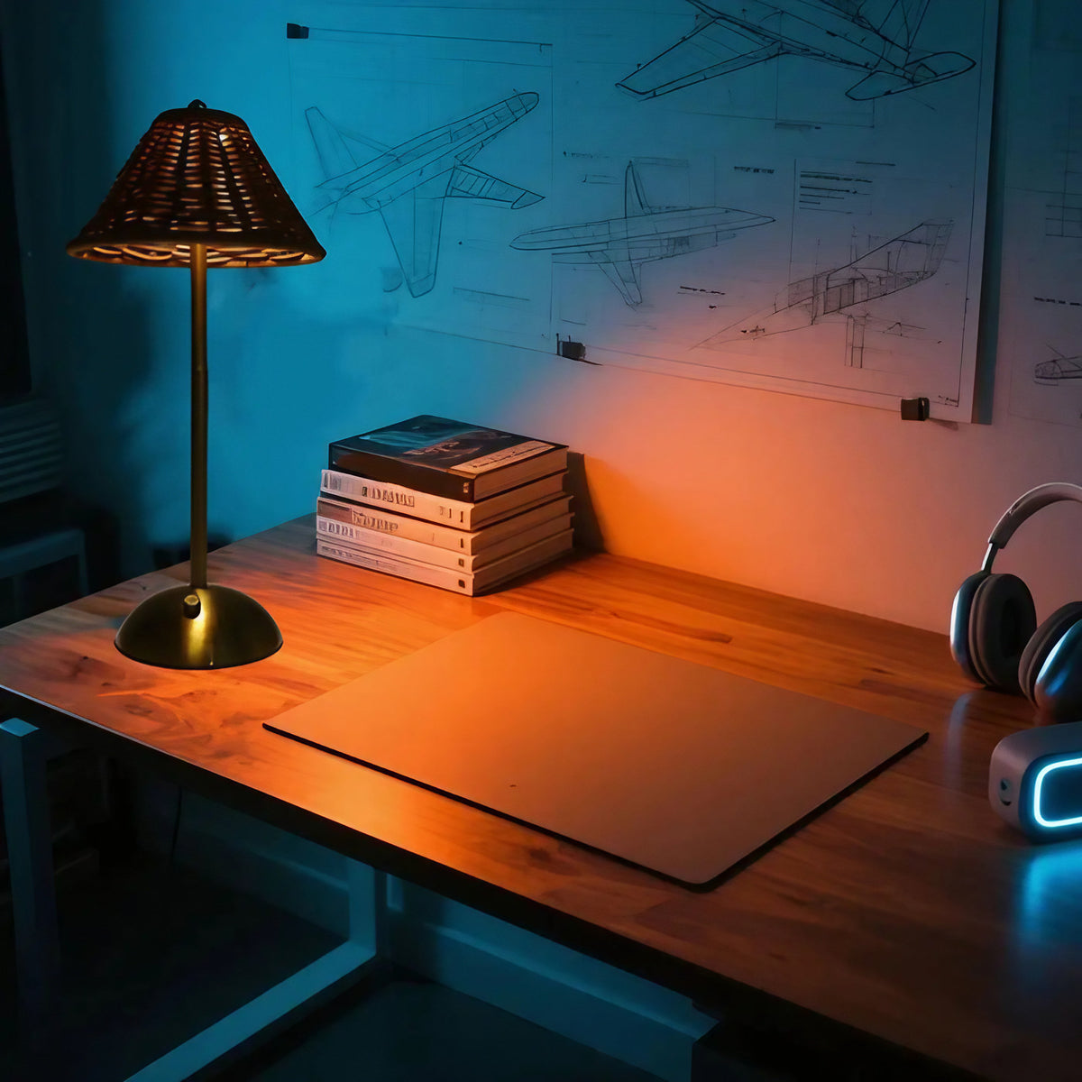 Lampe en rotin tressé, abat-jour conique et pied doré