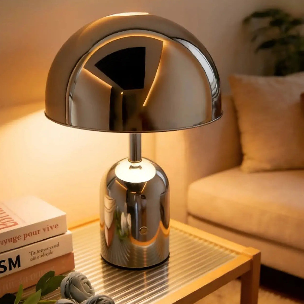 Lampe champignon métallique effet miroir, quatre coloris