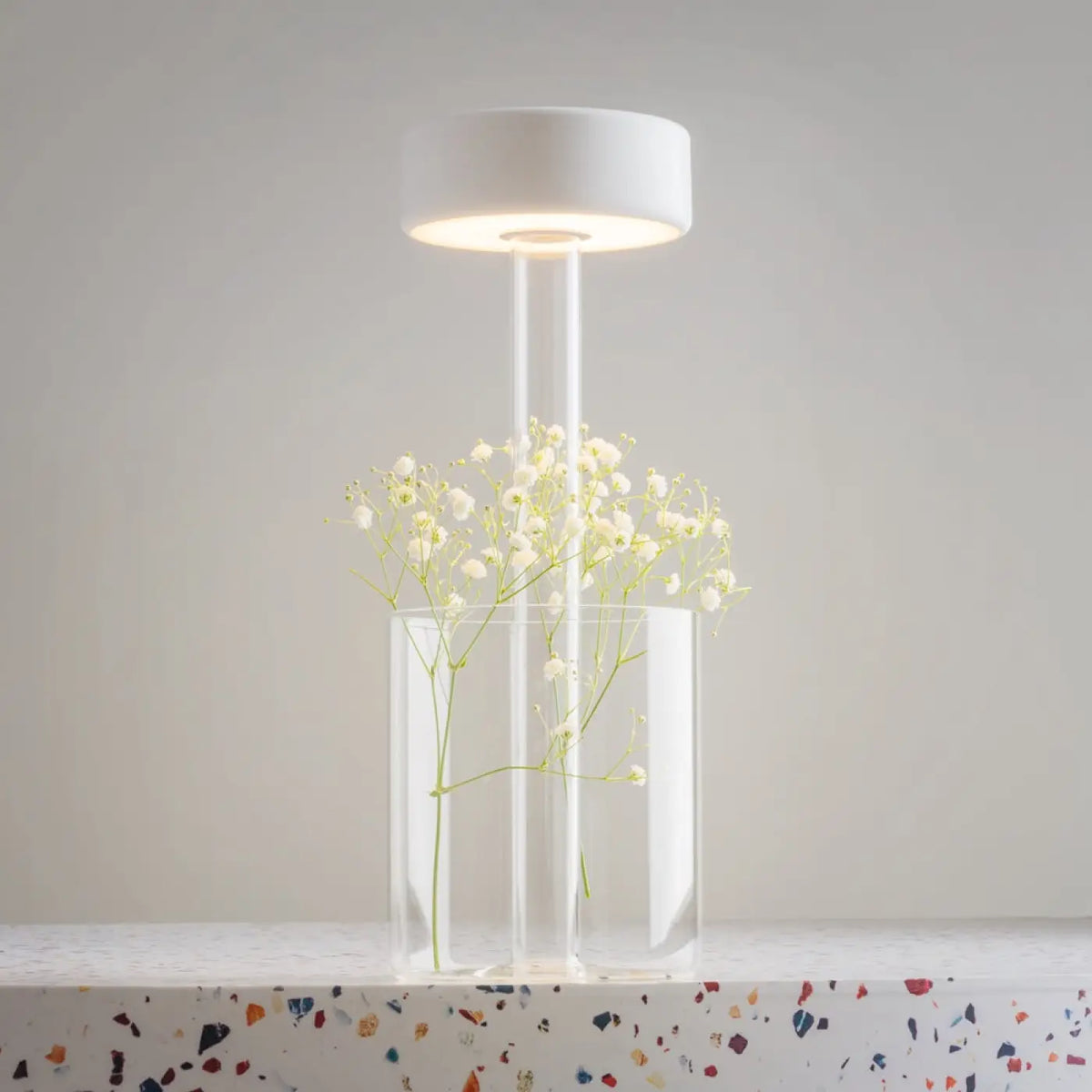 Lampe sans fil rechargeable avec vase en verre, 34,8 cm, blanc
