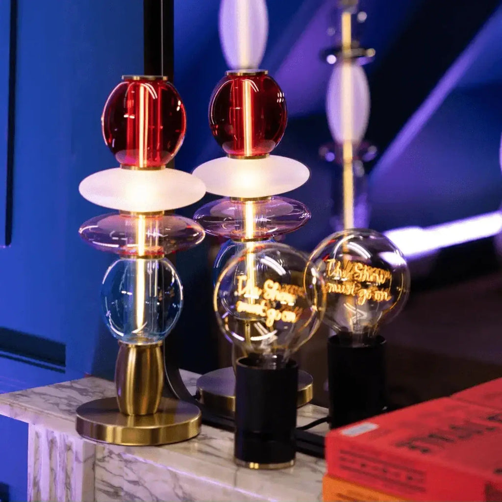 Lampe de chevet à verrines en verre soufflé, structure dorée