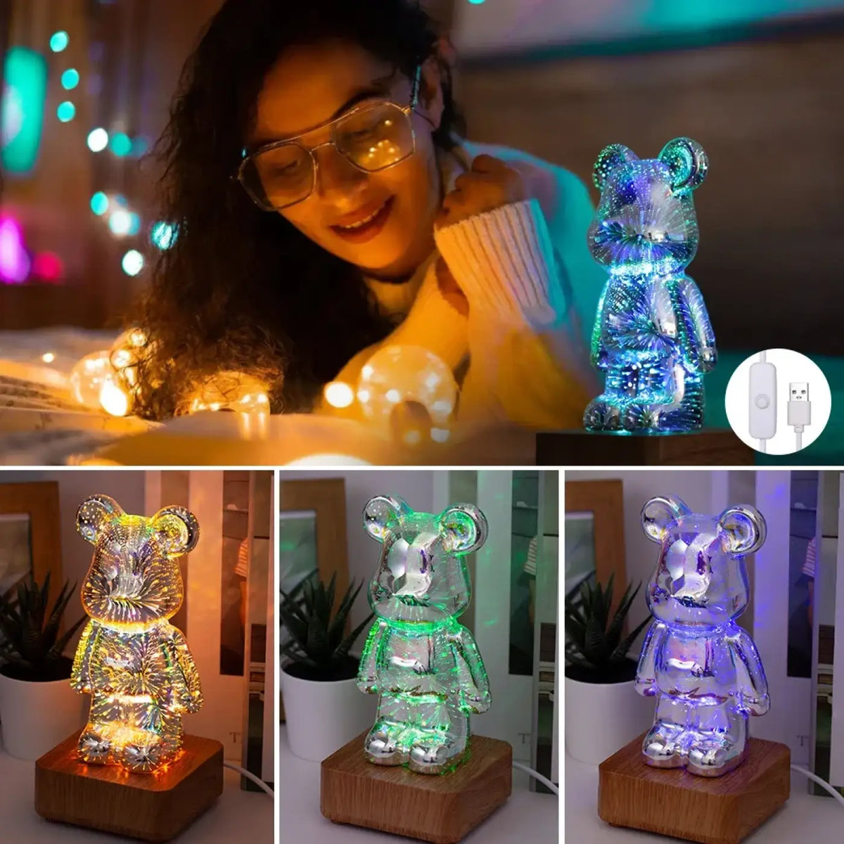 Lampe ourson lumineuse à huit couleurs, branchement USB