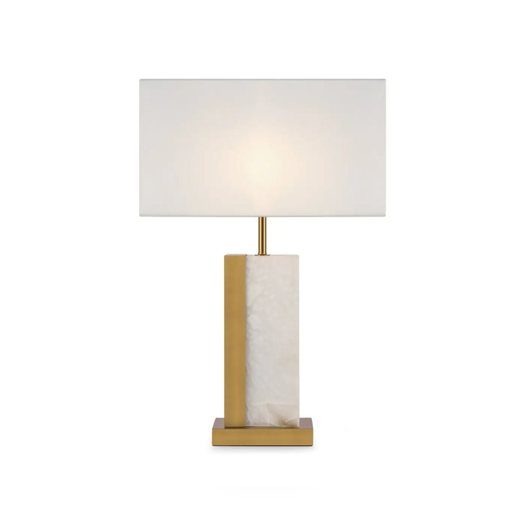 Lampe à poser en albâtre et métal laiton, abat-jour tissu blanc