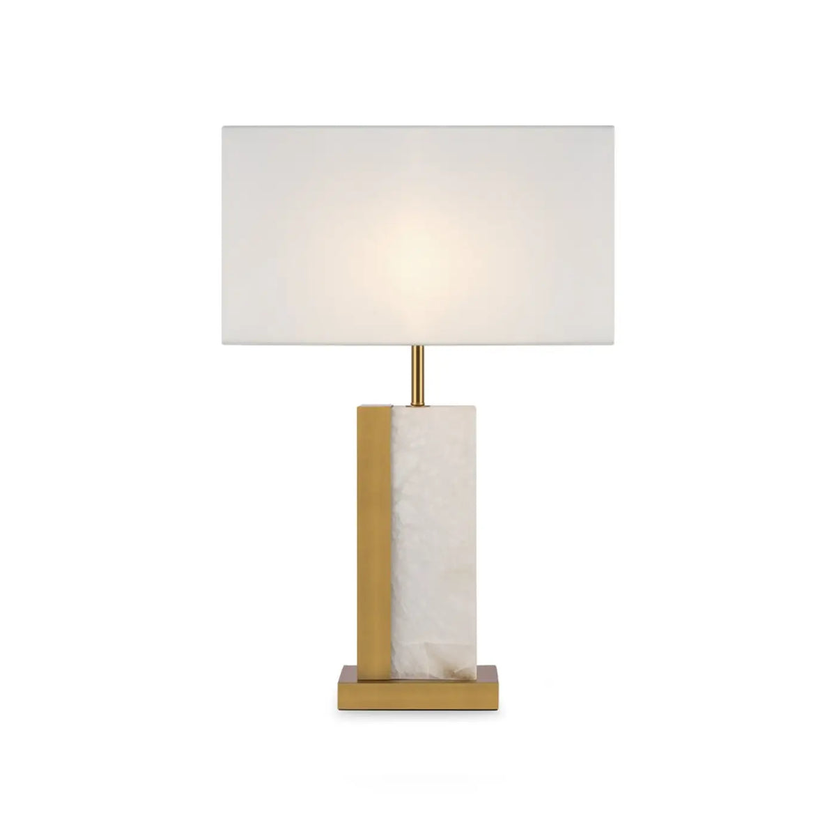 Lampe à poser en albâtre et métal laiton, abat-jour tissu blanc